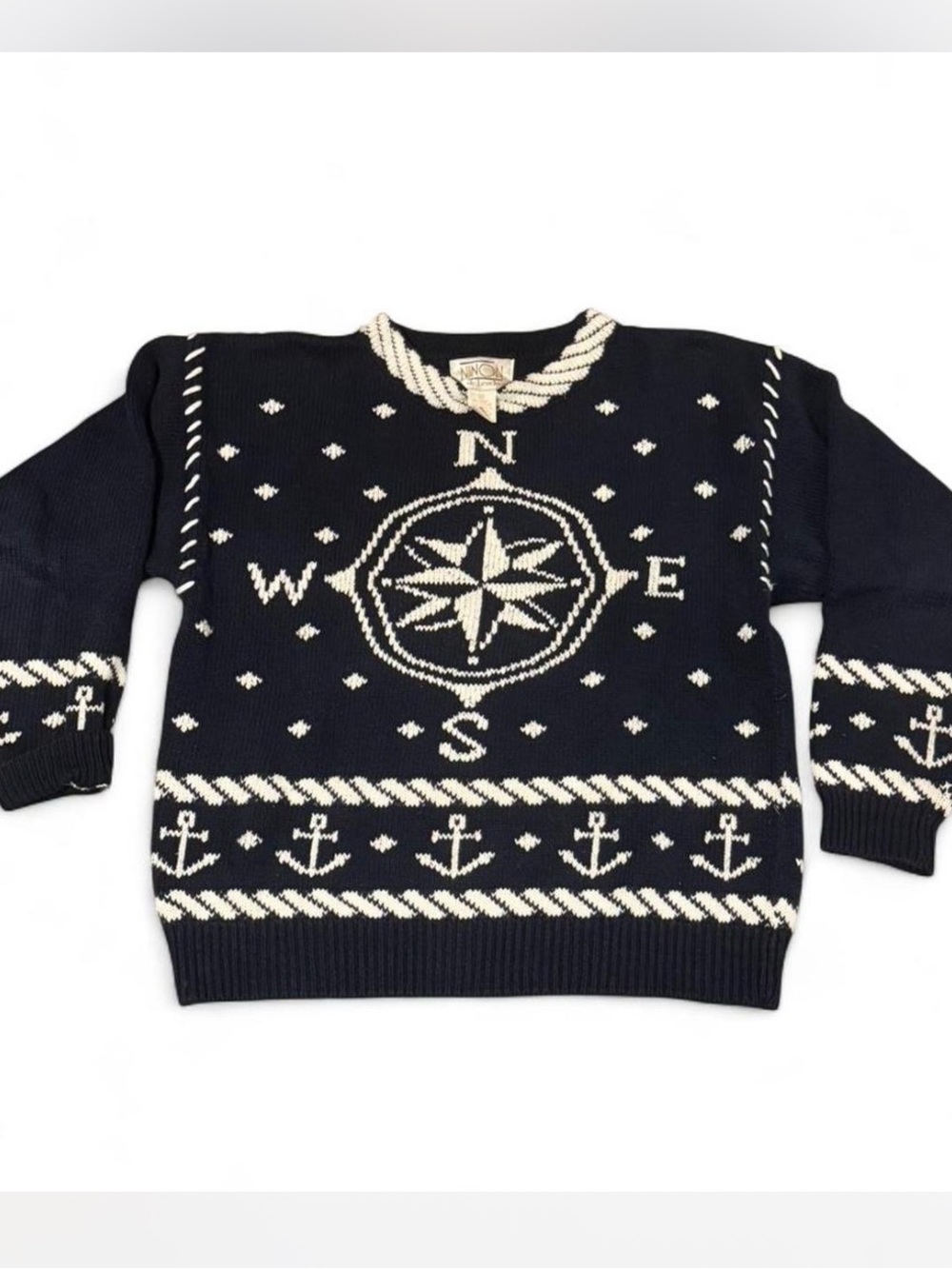 Vintage Nautical Compass Crewneck Sweater - navy & Cream